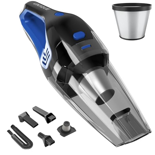 Image of UN1QUE Cordless Vacuum Cleaner for Car Use | Home Use, 8000Pa Suction Portable Rechargeable Car Vacuum Cleaner 2 in 1 with Steel Mesh Filter, 650ML Dustbin, 4 Nozzles, USB Rechargeable (Blue)