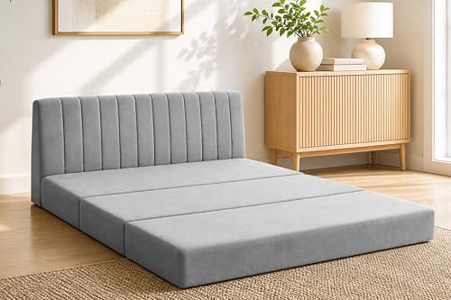 Image of 3-Seater Foldable Floor Sofa Bed with, Modern Velvet Fabric Folding Couch for Living Room, Guest Room & Small Spaces-Grey