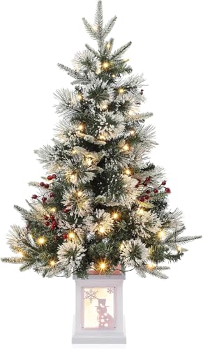 GarveeHome 3 ft Pre-Lit Holiday Tree with 78 LED Lights, Artificial Tree with Snowflakes and Red Berries, Festive Tree with Snowman Base