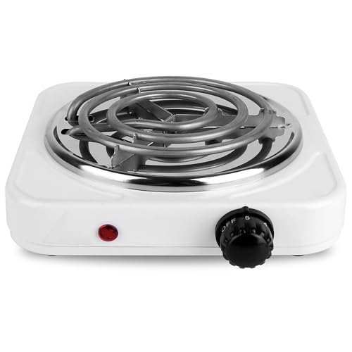 TeqHome Hot Plate, 1000W Portable Countertop Burner & Electric Stove, 5-Level Temp Cast Iron Single Burner Cooktop for Home/RV/Camping (White)