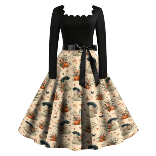 Robe femme Halloween d'automne à manches longues et taille ceinturée