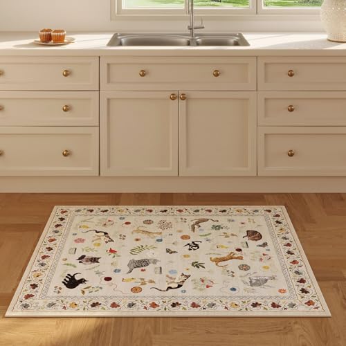 Door Mat Indoor Entrance 2x3 Rug Machine Washable Boho Floral Animal Cat Small Area Rug Non-Slip Low Pile Throw Rugs for Entryway Kitchen Front Door Indoor Entrance Entry Kids Room, Beige
