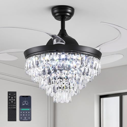 CROSSIO 48" Black Crystal Ceiling Fans with Lights, Luxury Chandelier