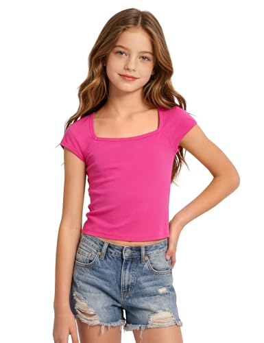 Image of Crop Tops for Girls Short Sleeve Shirt Girls Summer Tops Square Neck Slim Fit Tops Basic Tee