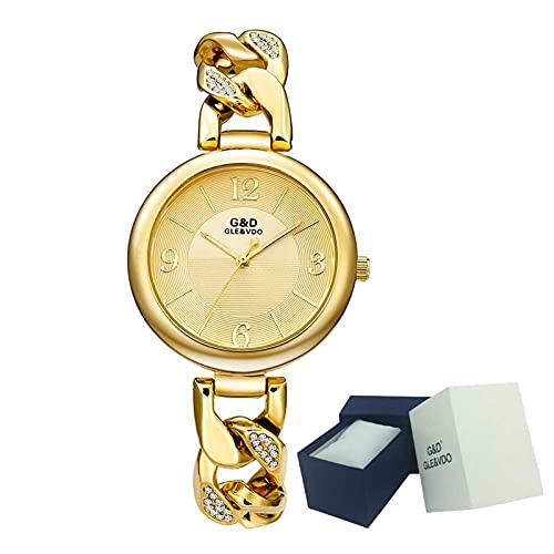 XQKXHZ Damen-Analoguhr Aus Metall, Stilvolle Runde Quarz-Armbanduhren Mit Strass, Genaue Zeitmessung, Für Festival-Familientreffen, Gold 1 Cover