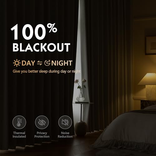 Image of FMFUNCTEX 100% Blackout Curtains for Bedroom, Beige Back Tab Curtain 84 Inches Long Drapery Thermal Insulated Curtains for Living Room, Black Out Drapes Rod Pocket Room Darkening 2 Panels
