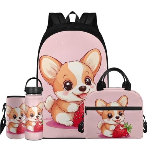 Strawberry Dog Kindergarten Backpack for Girls with Lunchbox Lightweight School Bag Cool Shoulder Laptop Daypack Insulated Thermal Bag School Supplies Set for Kids Teens 4 Pieces