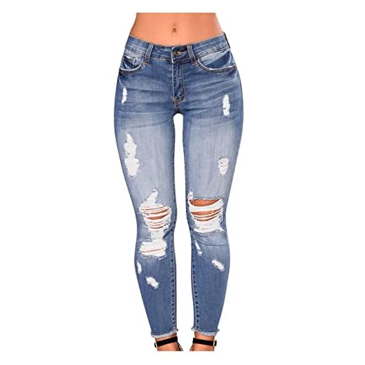 Träningsbyxor dam hål smala dam stretchig denim lyft med fickor byxor slitna jeans byxor utslitna butt plus storlek byxor byxor dam rakt snitt, Ljusblå, XXL