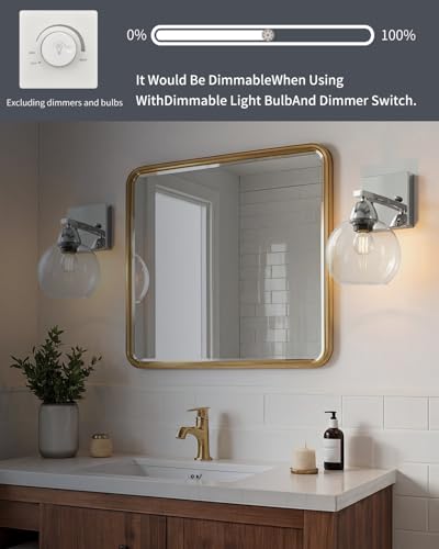 Image of Bathroom Light Fixtures, 1-Light Silver Vanity Light with Hand-Blown Thick Glass Shade, High Clarity & Durable, Wall Sconce for Mirror, Kitchen, Bedroom, Hallway
