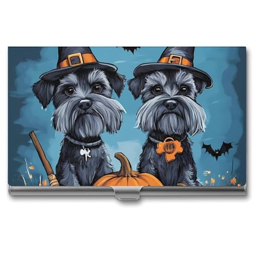 Halloween Schnauzer Cute Pumpkin Bat Spider Business Card Case Pocket Card Holder Slim Card Wallet for Men Women