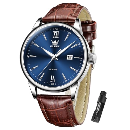 OLEVS Men's Waterproof Casual Watch Brown Leather Strap Blue Dial Quartz Wristwatch Simple Dial with Date Watches for Men