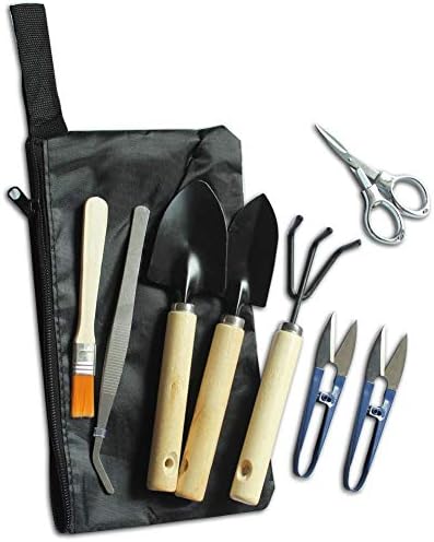 KNASI Bonsai Tools Kit, Succulent Garden Hand Tools for Women and Man, Miniature Indoor Gardening Set 8 pcs in a Bag -Include Pruner, Fold Scissors, Mini Rake, Bud, Cleaning Brush & Leaf Trimmer