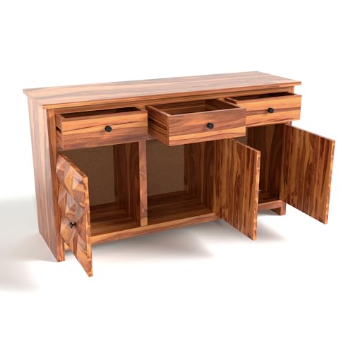 Image of Solid Sheesham Wood Wooden Sideboard Storage Cabinet & Chest of Drawer : Ideal for Living Room and Bedroom with 3 Drawers and 3-Shelf Storage (Morse, Honey Finish)