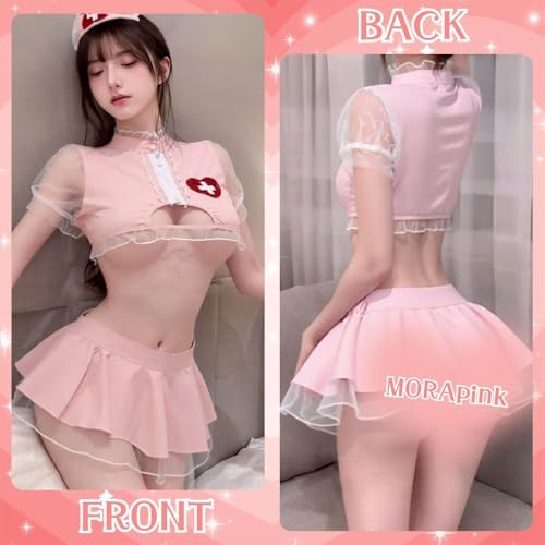 [MORApink] セクシー ナース服 コスプレ 看護婦 看護師 ピンク ミニスカート 胸あき エロい エッチ 可愛い 露出 過激 調教 網タイツ付き へそ出し 衣装 レース - 画像3
