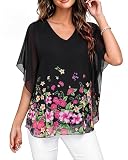 Lotusmile Womens Blouses Dressy Casual: Women Plus Size Tops - V-Neck Batwing Sleeve Double Layer Chiffon Blouse - Hides Tummy Flattering Dress Shirts for Holiday Party Wedding Guest Black Flower XXL