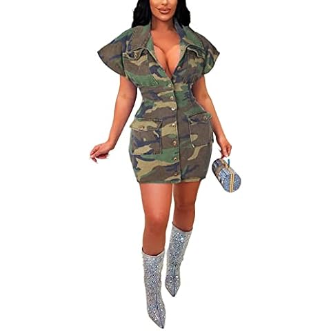 lovecarnation Women's Lapel Button Camouflage Bodycon Nightclub Party Mini Denim Dress with Pockets G0582 micai XXL Cover