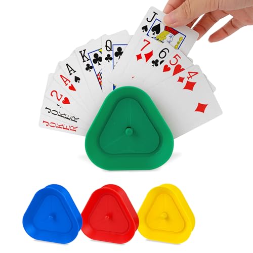 ZUFECY 4-Pack Triangular Card Holders Small Lightweight ABS Holders for Kids and Seniors 4 Colors with Push-Button Design for Poker Parties School and Family Card Games