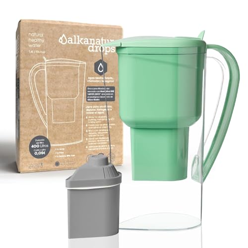 Jarra filtradora Alkanatur Drops de 1,4 litros en color verde con filtro purificador de zeolita