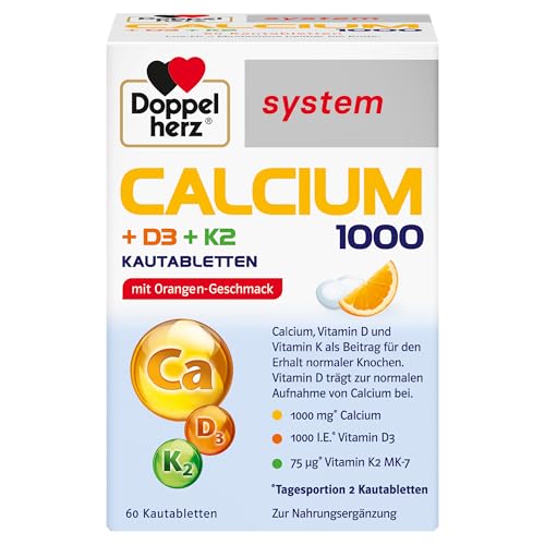 Doppelherz system CALCIUM 1000 + D3 + K2 – Calcium als Beitrag für den normalen Knochenerhalt - 60 Kautabletten