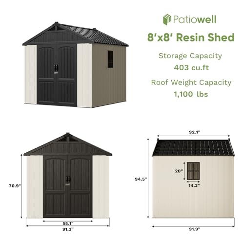 Image of Patiowell 8 x 8 FT Plastic Outdoor Storage Shed with Floor, Resin Shed with Window and Lockable Door for Garden, Backyard, Tool Storage Use, Easy to Install in Beige (Kick-it Shed)