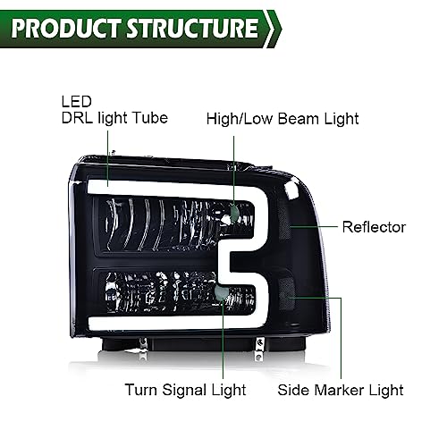 Image of GRAND ORANGE LED DRL BAR Headlights Assembly Compatible with 2005-2007 Ford F250 F350 F450 F550 Super Duty / 05 Ford Excursion Headlamps Smoke lens Black Housing Clear Reflector