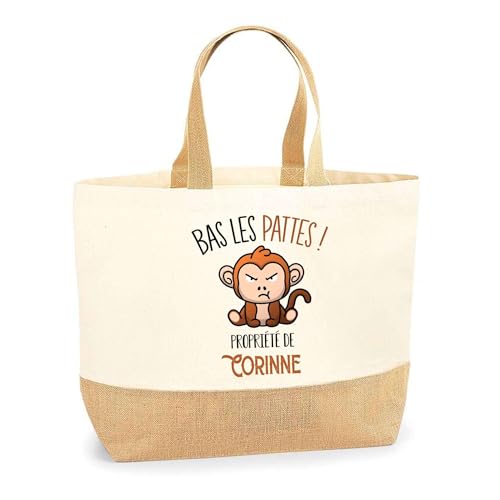 Sac jute Corinne Bas les pattes Singe : grand cabas plage et courses en toile
