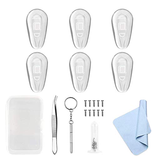 Updated 3 Pairs Anti-Slip Silicone Eyeglass Nose Pads 14mm x 8mm Eyeglasses Repair Kit Tiny Screws Screwdriver Tweezer Cleaning Cloth Easy Installation