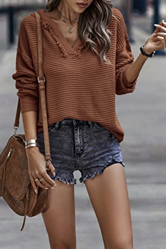 Image of PRETTYGARDEN Fall Sweaters for Women 2024 Long Sleeve Hoodie V Neck Ribbed Knit Pullover Tops