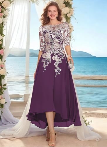 GARDOM Embroidery Midi Mother of The Bride Dresses for Wedding Tea Length Half Sleeve Lace Chiffon Formal Evening Gowns3