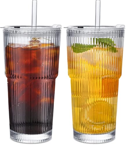 TempFoo Iced Coffee Cup, 2PC 600ML Glass Smoothie Matcha Boba Cups, Ice Bubble Tea Tumblers with Lids and Straws, Reusable Travel Drink Milkshake Ribbed Glasses Clear