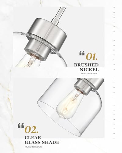 Image of 2-Pack Brushed Nickel Kitchen Pendant Lights, 7 inch Clear Glass Shade