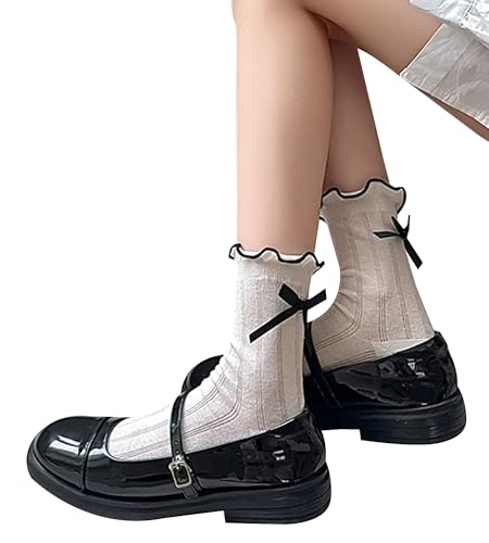 Image of Womens Bow Socks Ruffle Casual Crew Black Whitte Soft Breathable Cotton 4 Pairs Socks