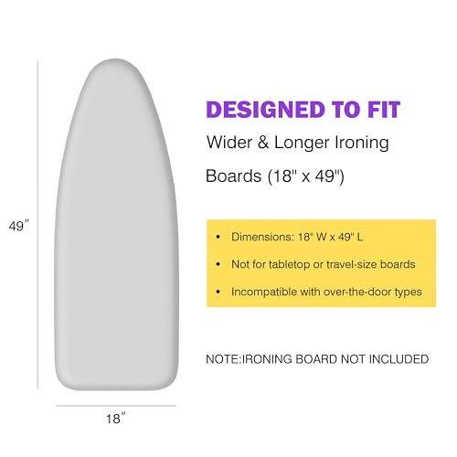 Image of Ironing Board Cover and Pad 18x49 Large, Extra Thick Natural Cotton, Silicone Coated, Scorch Resistant, Elastic Edge with Hook Loop Strap, Wide Iron Board Padding, Heatproof Silver