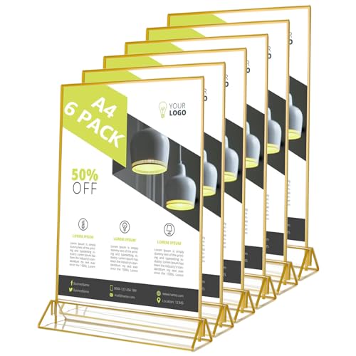 AHAQU 6PCS A4 Acrylic Sign Holder, Double Sided Perspex Display Stand, T-Shape Poster Menu Holder with Gold Borders for Wedding Table Numbers, Restaurant, Office