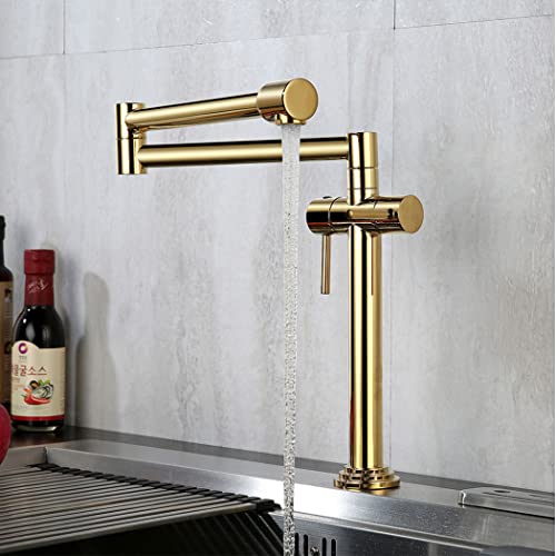 Faucet Pot Filler Faucet Gold, Brass Double Handles Kitchen Mixer Faucet, Deck Mounted Kitchen Sink Faucet, Double Joint Swing Arms Foldable Faucet #TOP1