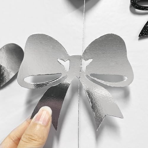 Image of Bow Decorations Siver Black Metallic Glitter Paper Bow Heart Hanging Garland Streamer for Coquette Birthday Valentines Bachelorette Wedding Bridal Shower Anniversary Hen Party Decorations Supplies