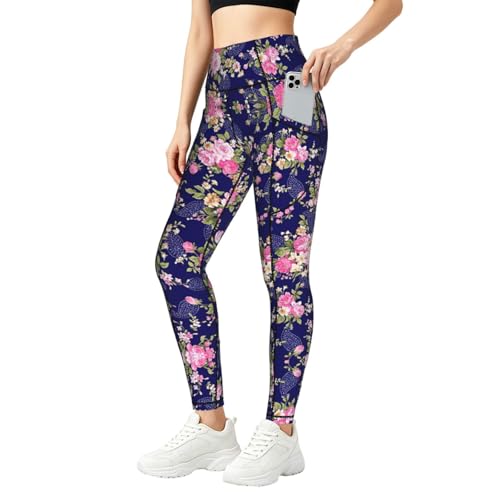 Leggings florales azul marino con bolsillos laterales y tejido para fitness