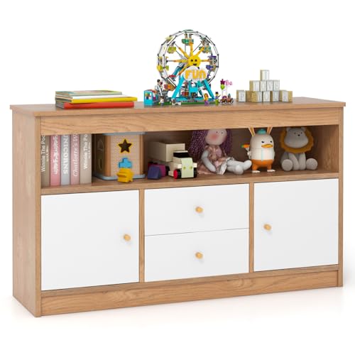 COSTWAY Spielzeugschrank Kinder, Kinderregal aus Holz, Kinderschrank mit 2 Schubladen & 2 Türen, Spielzeug-Organizer Aufbewahrungsschrank für Kinderzimmer, Schlafzimmer, 106 x 30 x 62 cm (Natur)
