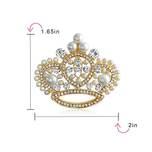 Image of Bling Jewelry Large Statement Fashion Crystal White Simulated Pearl Wedding Queen Princess Crown Brooch Pin For Women Gold Tone Rhodium Plated