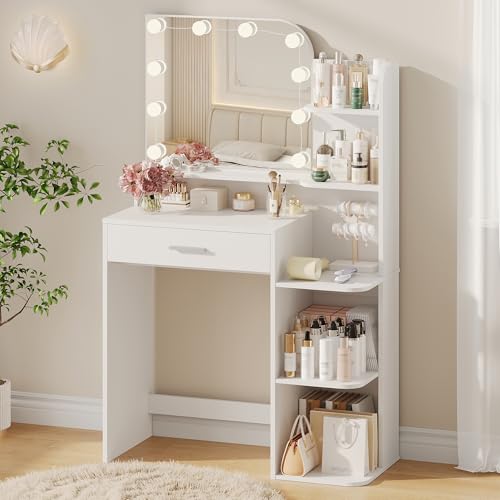 wanan Makeup Vanity Desk with Mirror and Lights, 32" W x 14" D x 52" H, Girls Vanity Set with 5 Storage Shelves, Big Drawer and 3 Lighting Colors, Women’s Vanity for Bedroom, White