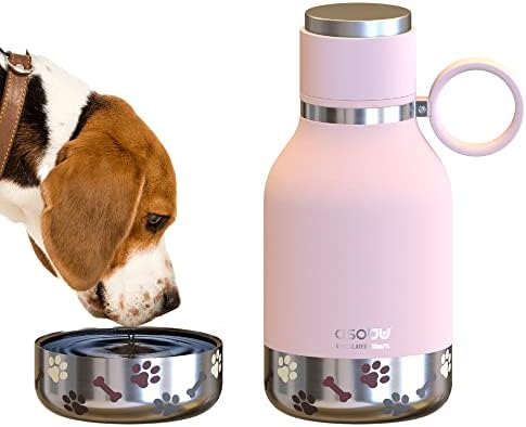 Asobu Dog Bowl Attached to Stainless Steel Insulated Travel Bottle for Human 33 Ounce with Detachable Dog Bowl (Pink)
