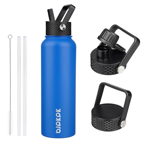 Image of BJPKPK Insulated Water Bottles with Straw Lid, 40oz Stainless Steel Water Bottles with 3 Lids, BPA Free Leakproof Thermo, Tumblers, Cups for Sports, Gym- Sapphire