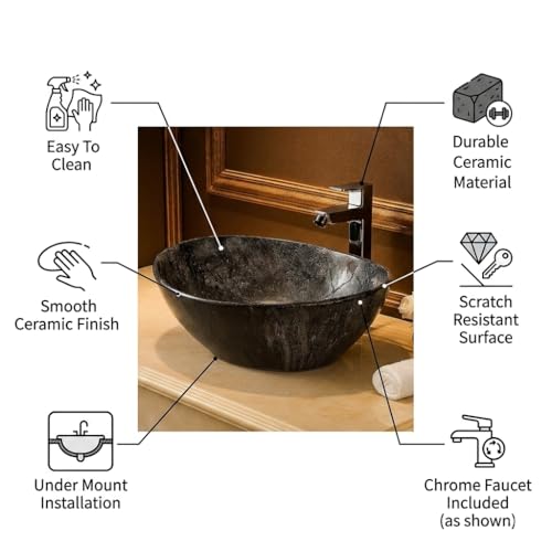 Image of Ceramic Tabletop Wash Basin - Glossy Bowl Shape Countertop Vessel Sink with Marble Finish for Bathroom & Vanity | Compact 16 x 13 x 4.5 Inch | Elegant Washbasin