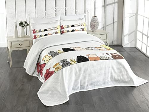 Lunarable Animals Bedspread, Cats and Dogs Collie Calico Labrador Scottish Shorthair Tabby Shih Tzu Pet Art, Decorative Quilted 3 Piece Coverlet Set with 2 Pillow Shams, Queen Size, Cream Black