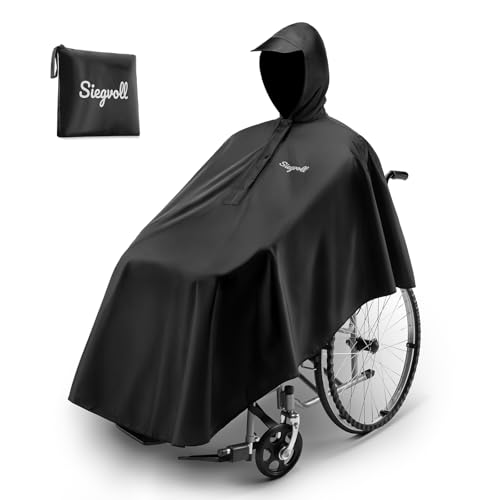 Siegvoll Regencape Rollstuhl Erwachsene schwarzer wasserdichter Regenponcho für Herren Damen Rollstuhlfahrer Windschutz Kapuze mit Schirm - Rollstuhl Zubehör Einheitsgröße