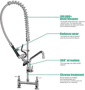 ZYMEN Commercial Pre-Rinse Spray Tap Twin Lever Bridge Deck Mounted Sink Mixer Faucet with 12 Add-on Spout Brass Constructed Polished Chrome (4-8inch Adjustable Center) Commemoration Day
