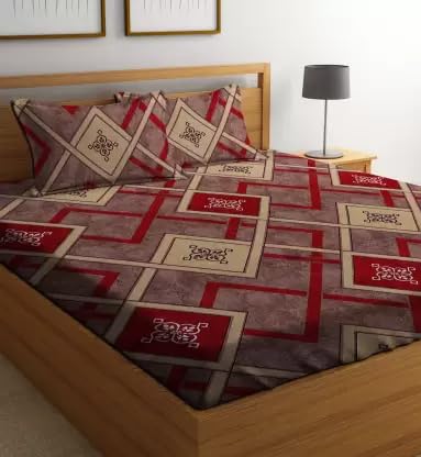 DECORUM 144 TC Fitted Elastic Printed Bedsheet with 2 Pillow Cover (Red Zigzag)-picture-32