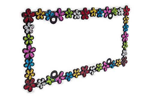Creathome 3D Shining Daisy Wrenth License Plate Frame From Pure Zinc Alloy Metal Perfect Plate Holder, Matt Black With Colorful Glitter #TOP2