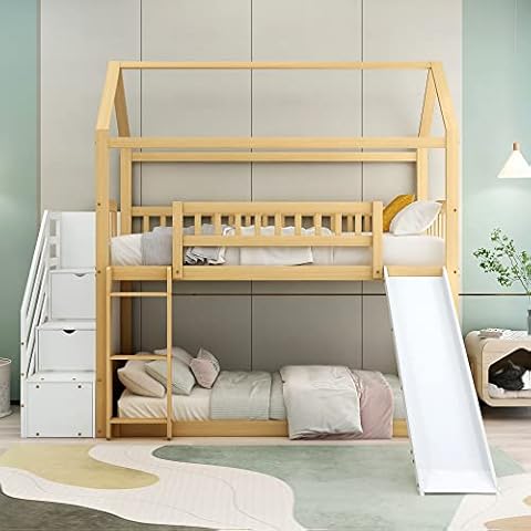 FEZTOY Baumhaus Kinderbett 90 x 200 mit 3 Treppe & Schubladen, Hochbett für 2 Kinder mit Rutsche und Lattenrost Cover