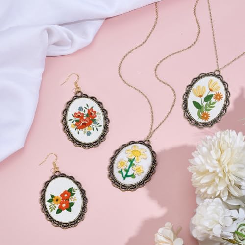 Image of INFUNLY 6 Set Vintage Embroiderys Pendant Kit with Chain Flower Embroidery Stitching Necklace Mini Embroidery Stitch Kit with Hoop Instructions for Adults Beginners Art Gifts Sewing Hanging